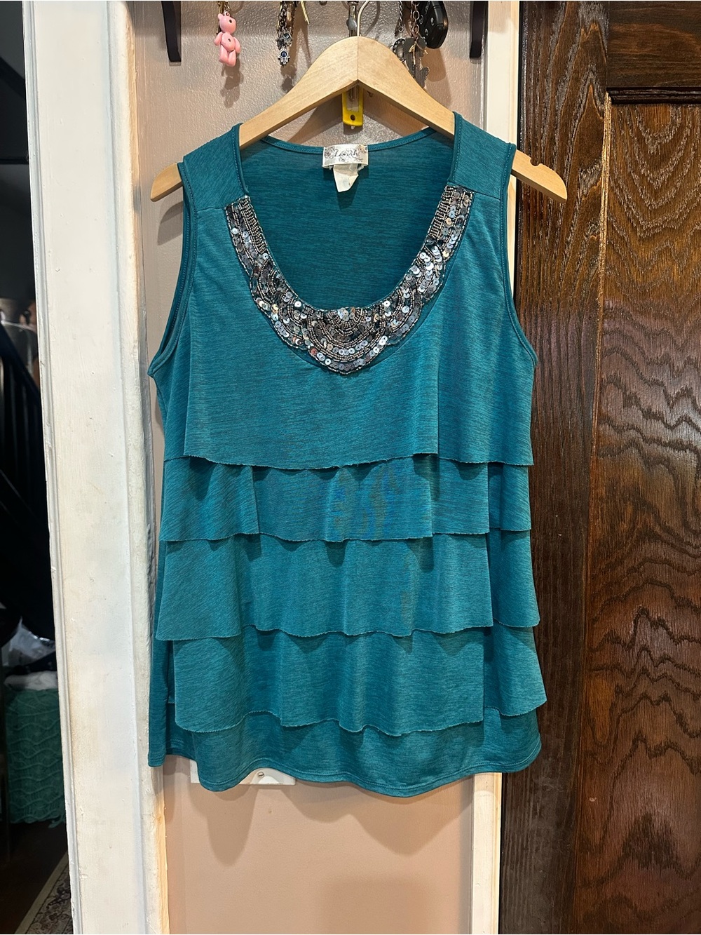 Lavish Teal Tiered Ruffle Tank with Sequined Scoop